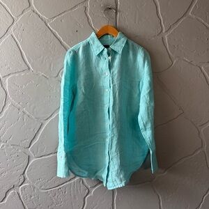 Talbots Petite Linen Button Down Shirt Aqua Blue P
